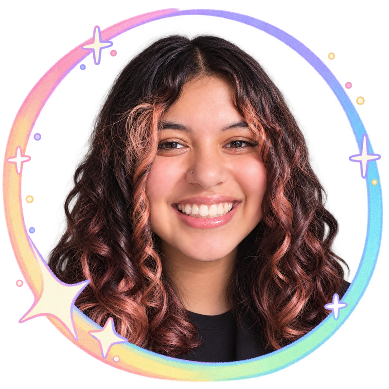 Jasmine Bontha smiling, with a hand-illustrated rainbow shooting-star ring around the portrait