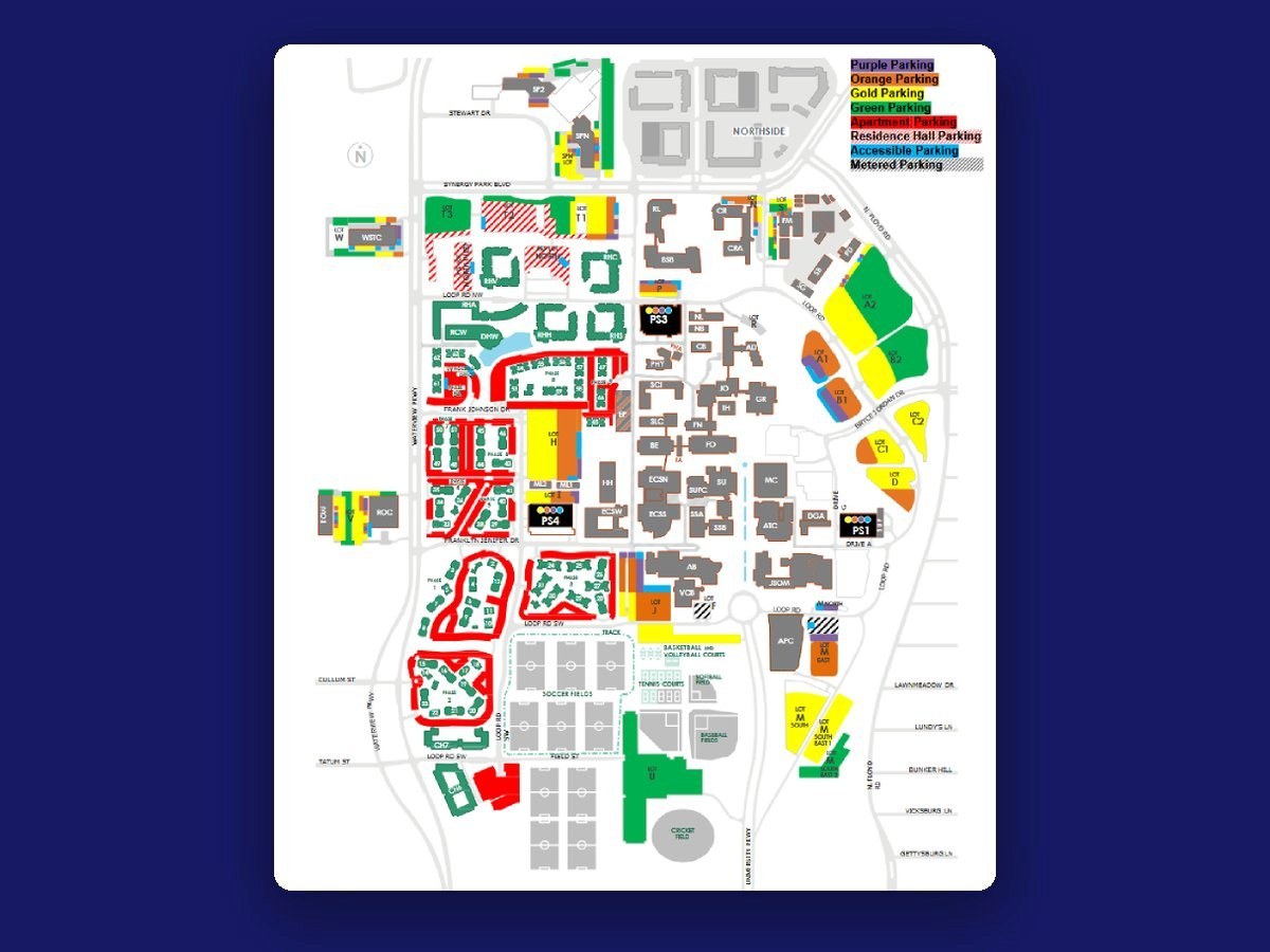 UT Dallas campus parking map, color-coded by permit type: purple, orange, gold, green, apartment, residence hall, accessible, and metered lots