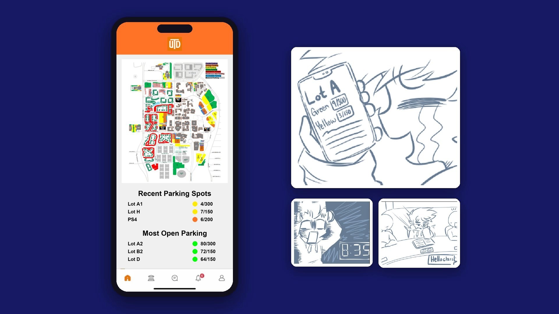 The Comet Commute parking screen in the UTD app, next to storyboard panels of a student checking open lots on their phone and making it to class on time
