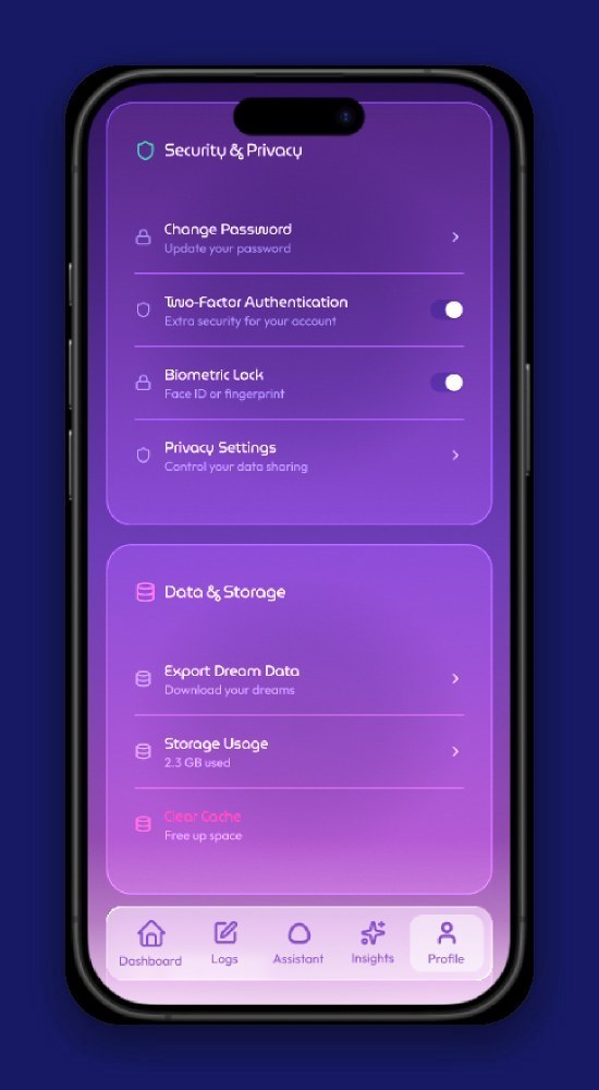 DreamScape's Security & Privacy screen, showing two-factor authentication and biometric lock toggles