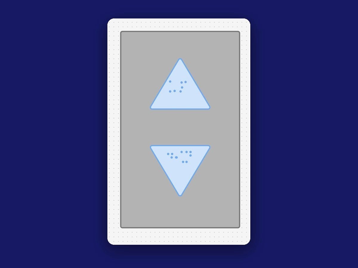Mockup of an elevator call panel with a triangle pointing up and a triangle pointing down, each with braille dots