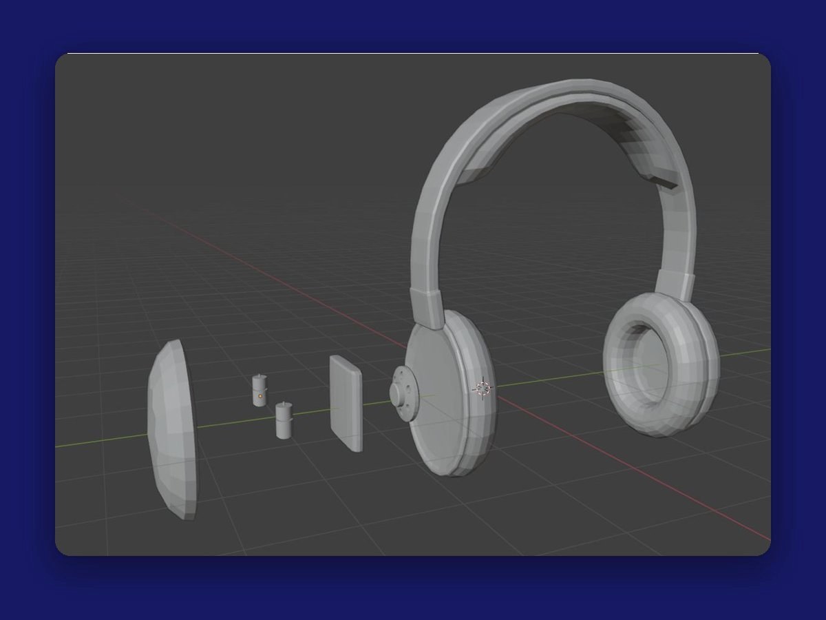 3D model of the tourist headphones, with the ear cup cover, batteries, and circuit board pulled apart to show the swappable parts