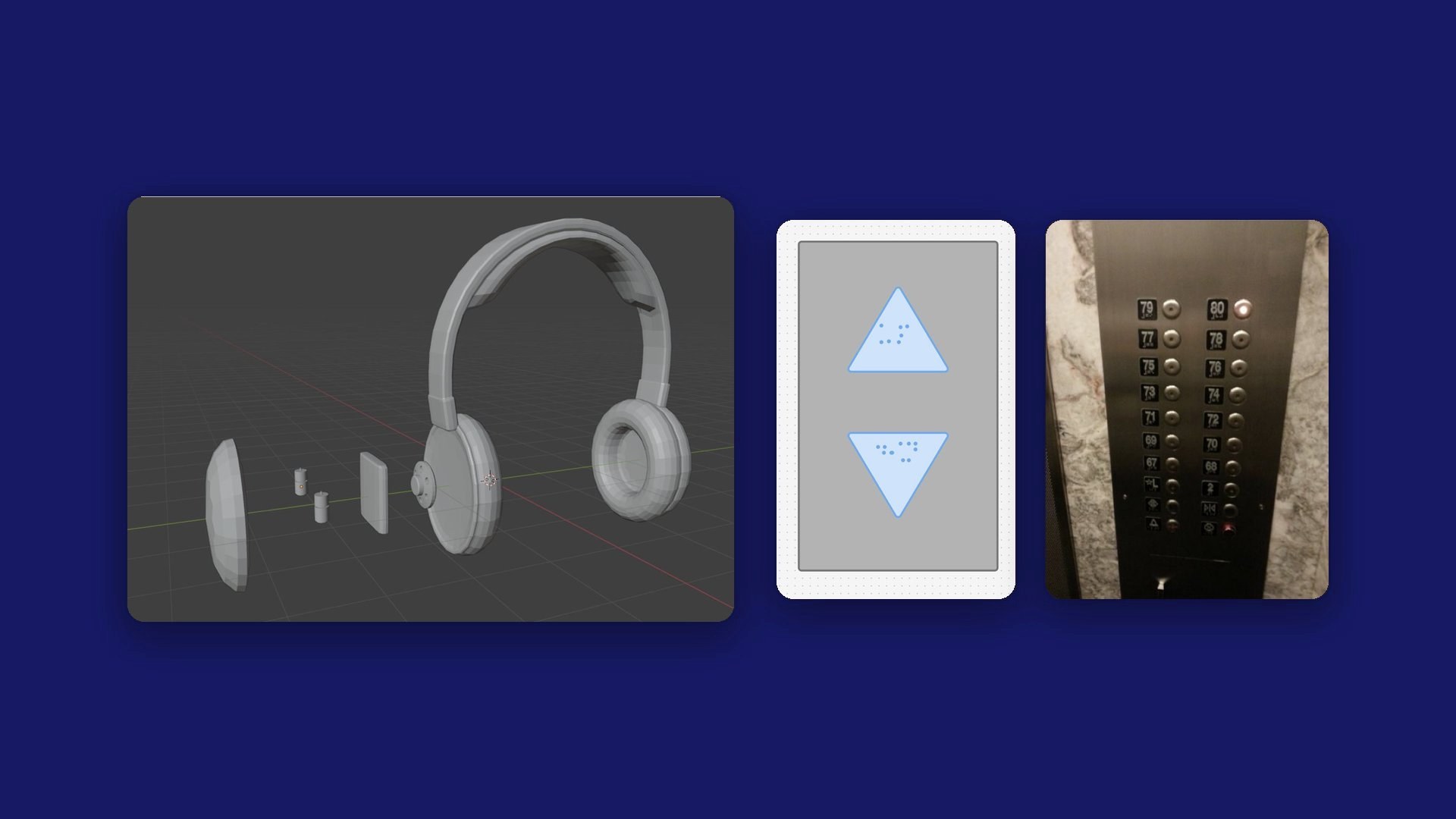 Three pieces of the concept: a 3D model of the tourist headphones with their swappable parts pulled apart, a mockup of arrow-shaped call buttons with braille, and a photo of a real elevator button panel
